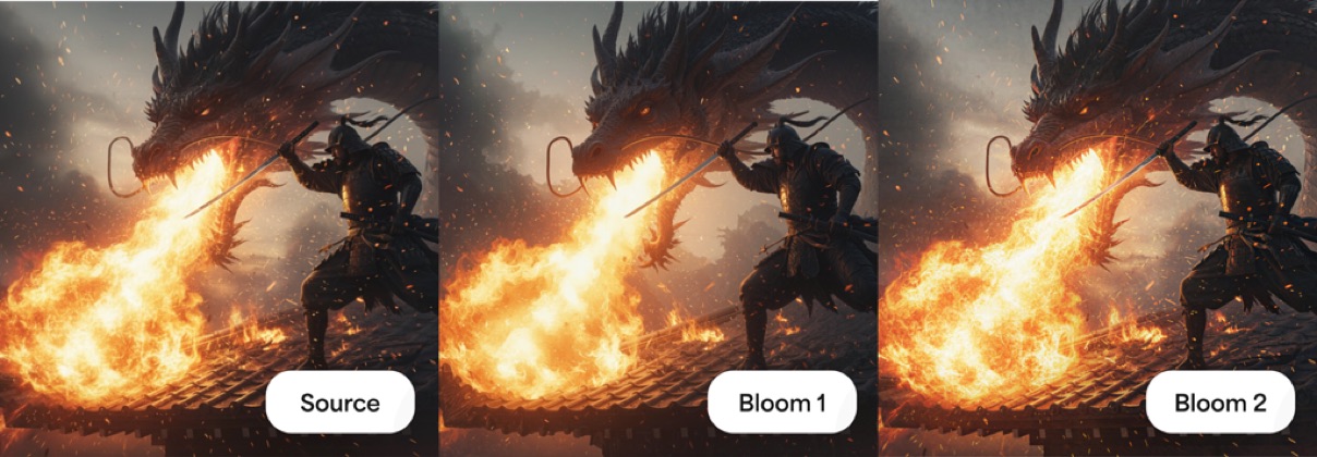 Comparaison officielle Topaz entre la source, Bloom 1 et Bloom 2