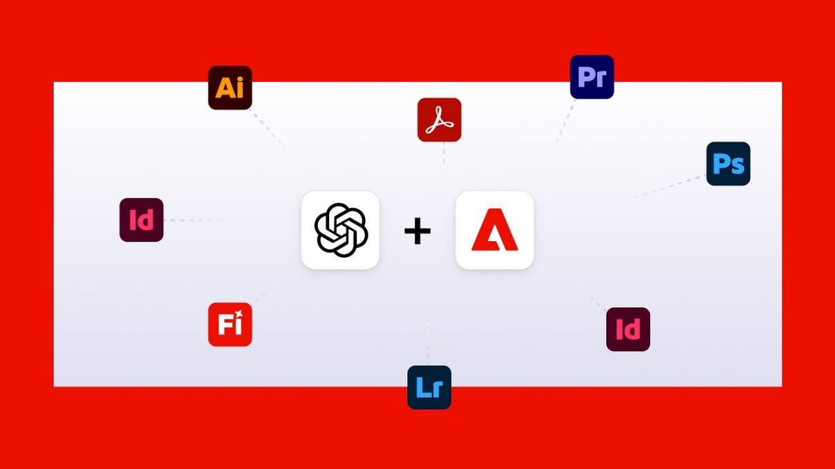 Le visuel d'annonce officiel d'Adobe : les logos de Photoshop, Premiere, Illustrator et Acrobat reliés au logo de ChatGPT