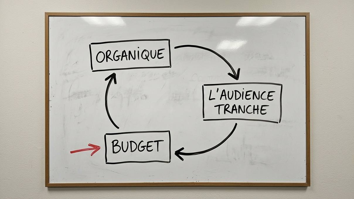 Schéma dessiné à la main : la boucle organique, l'audience tranche, le budget suit la gagnante