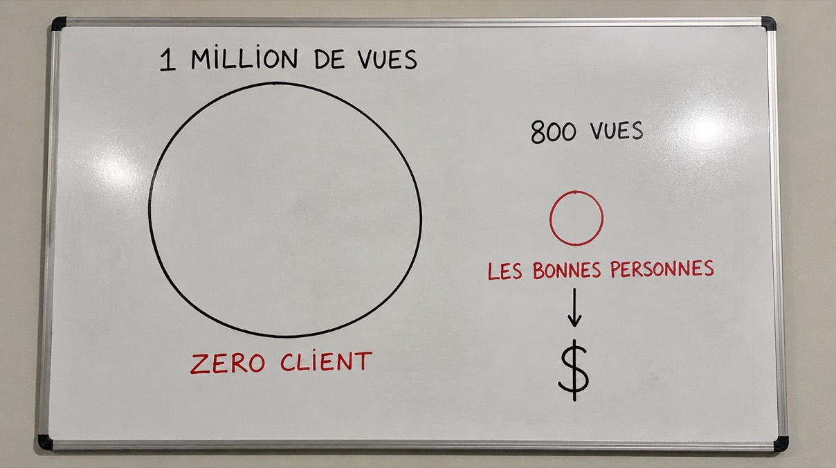 Un tableau blanc opposant un grand cercle « 1 million de vues, zéro client » à un petit cercle rouge « 800 vues, les bonnes personnes » qui mène à un signe de dollar