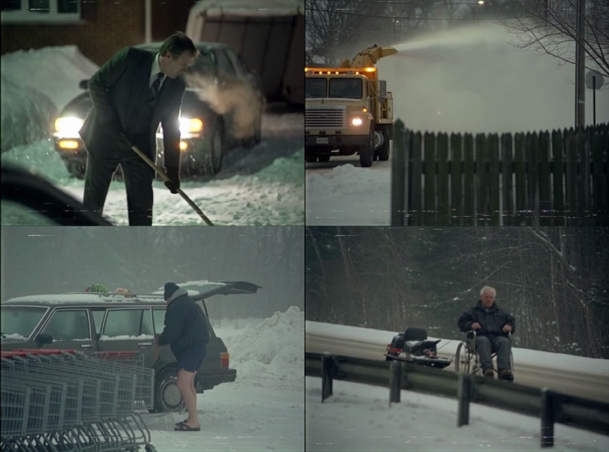Quatre plans de TEMPÊTE : un homme en habit qui pellette, une souffleuse municipale, un gars en shorts et gougounes dans une tempête, un homme en fauteuil roulant remorqué par une motoneige