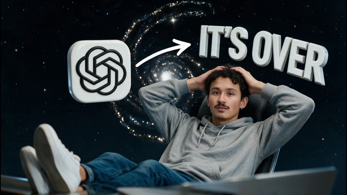 La miniature de la vidéo : un homme assis les mains derrière la tête devant le logo d'OpenAI et les mots IT'S OVER