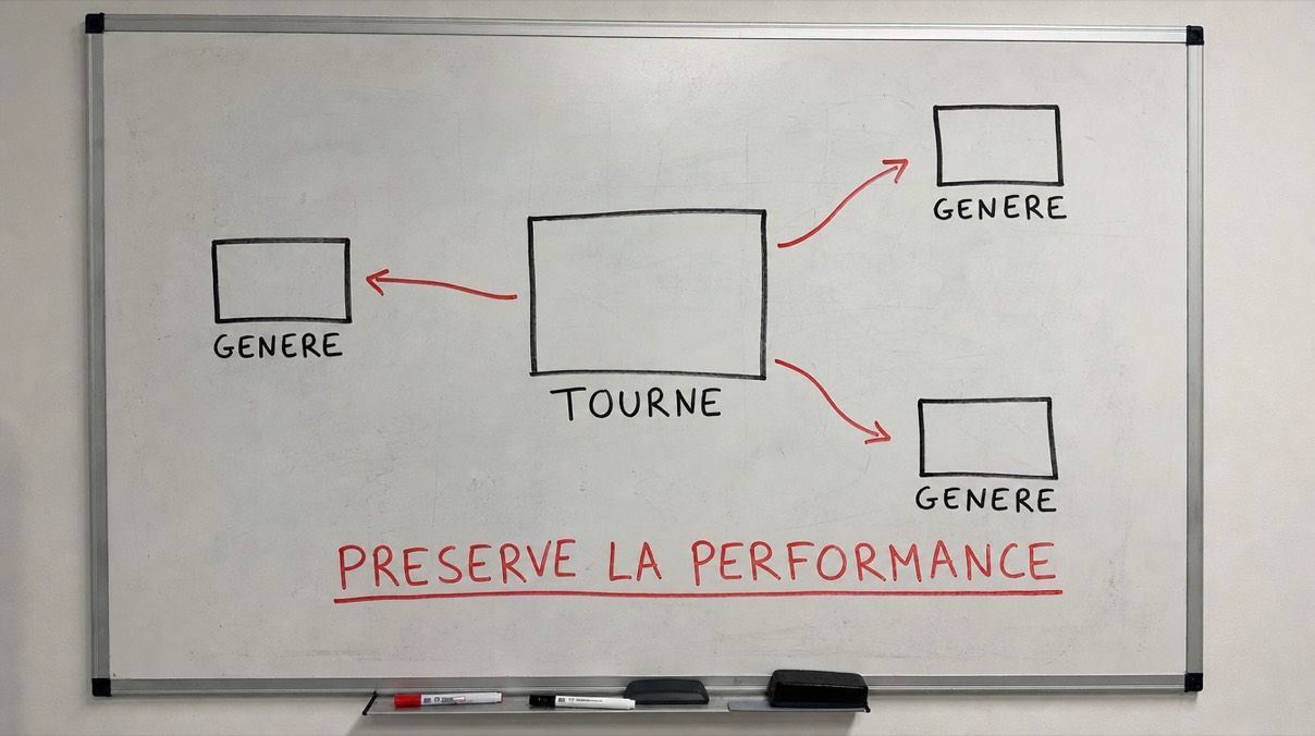 Un tableau blanc où un plan marqué TOURNÉ occupe le centre, trois flèches rouges pointant vers trois plans marqués GÉNÉRÉ, et en bas la mention PRÉSERVE LA PERFORMANCE soulignée en rouge