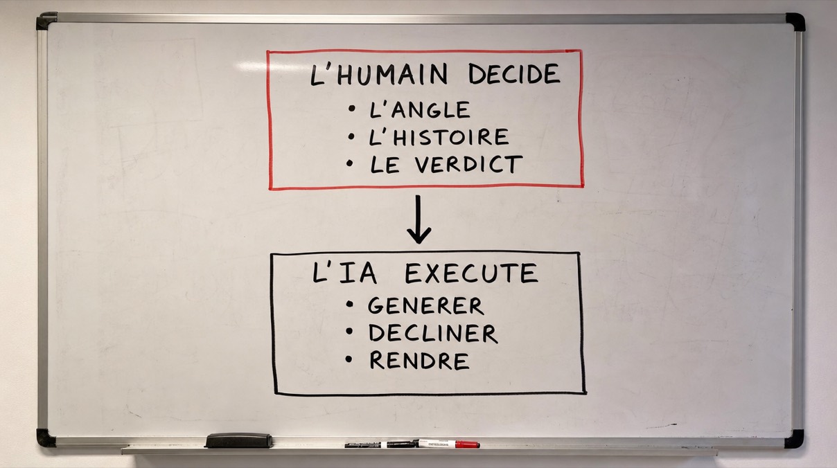 Un tableau blanc divisé en deux : en haut une boîte encerclée en rouge L'HUMAIN DÉCIDE avec L'ANGLE, L'HISTOIRE, LE VERDICT, une flèche vers le bas, et une boîte L'IA EXÉCUTE avec GÉNÉRER, DÉCLINER, RENDRE