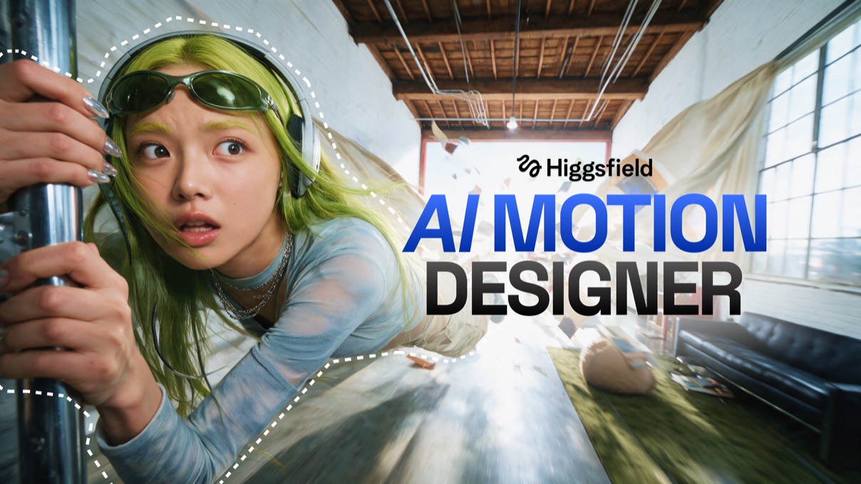 Le visuel officiel d'annonce d'AI Motion Designer, une femme aux cheveux verts qui s'accroche à un poteau dans un loft